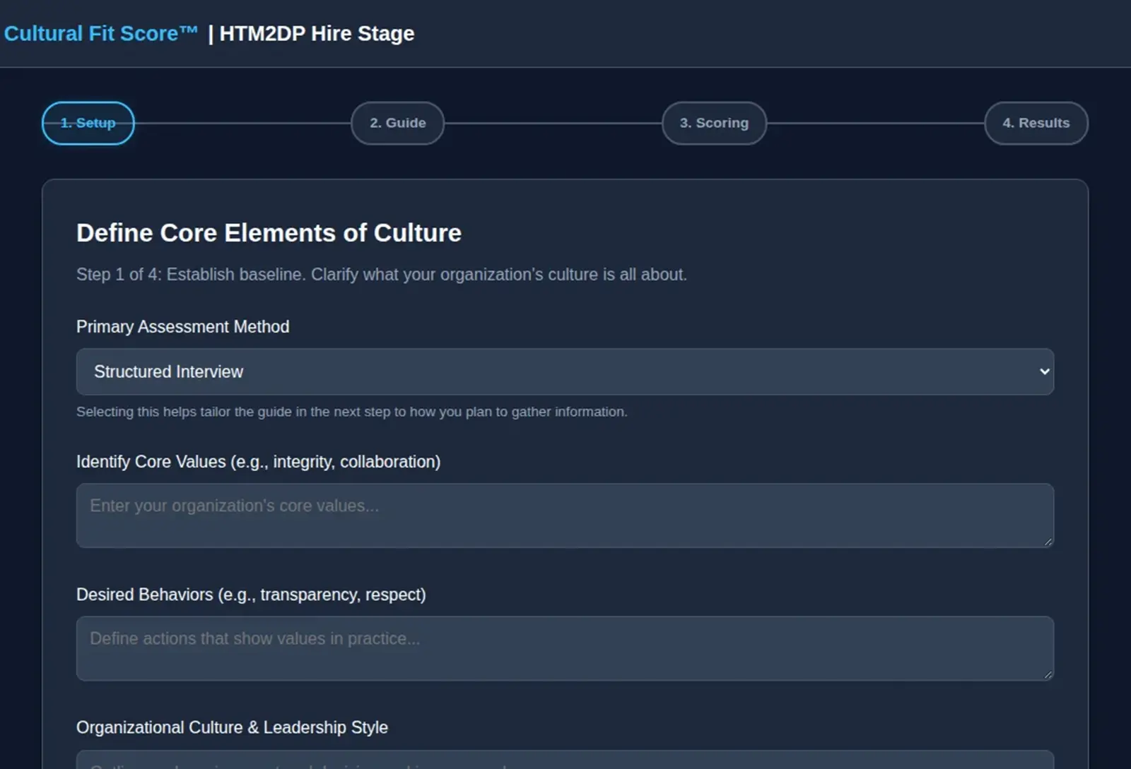 Cultural Fit Score tool, step 1 of 4: define the core elements of your culture
