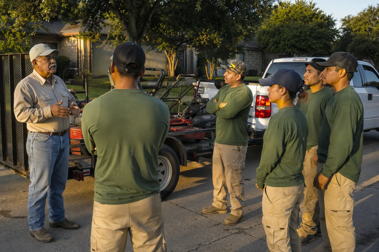 Illustration: a lawn-care owner briefing his crew of six beside a pickup truck and mower trailer at sunrise